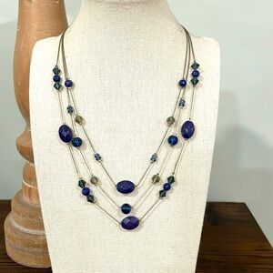 Vintage triple strand blue beaded silver tone necklace